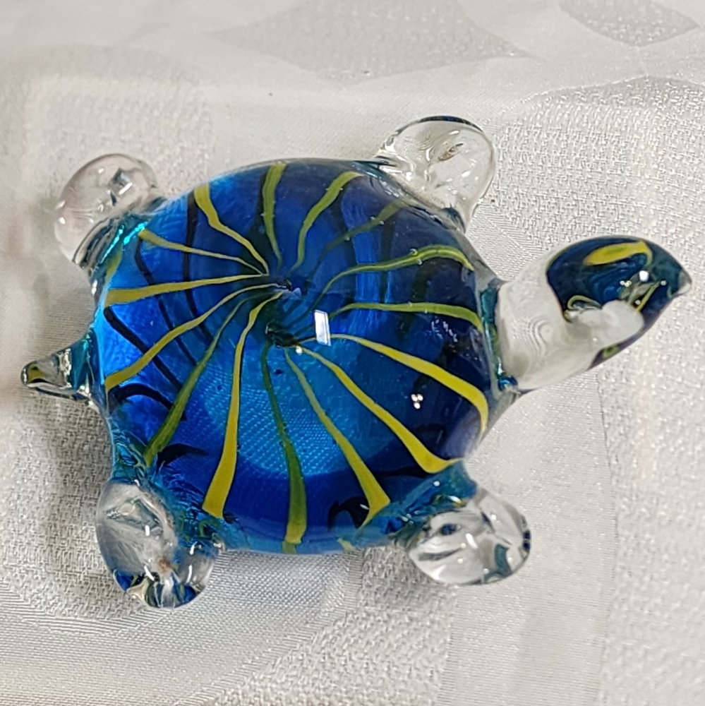 Blue & Yellow Hand Blown Art Glass Turtle Figurine – Ocean Decor